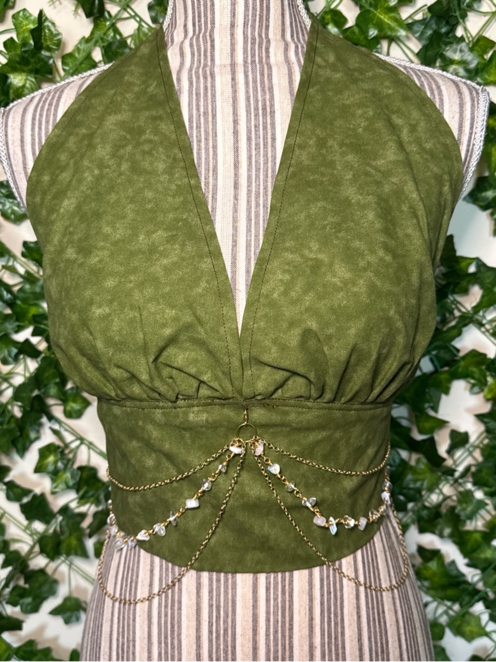 Olive Green Halter Crop Top with Gold Chain Accents